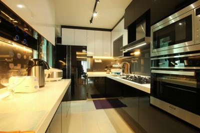 Punggol Drive (Block 679A), Fifth Avenue Interior, Modern, Kitchen, HDB, Black And White, Monochrome, Black And White Kitchen, White Countertop, Black Cabinets, Modern Kitchen, White Cabinet, Track Lighting, Appliance, Electrical Device, Oven, Indoors, Interior Design