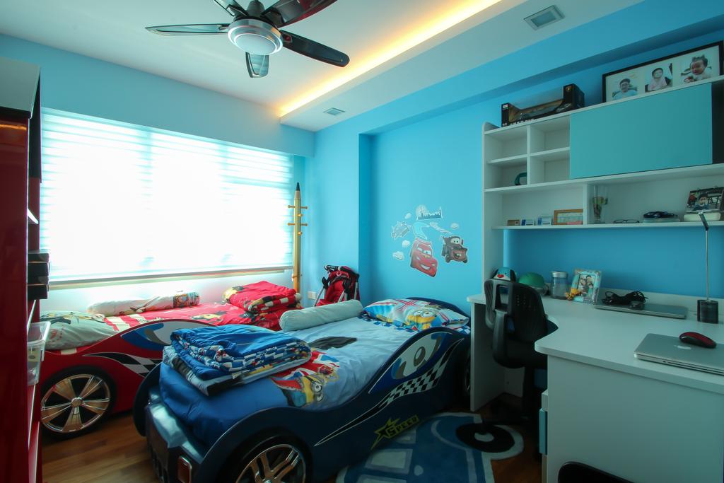 Modern, HDB, Bedroom, Punggol Drive (Block 679A), Interior Designer, Fifth Avenue Interior, Ceiling Fan With Lamp, Kids Room, Kids, Children, Study Table, Cartoon, Single Bed, Wall Decal, Blue Bedroom, Blue Wall, Shelves, Indoors, Interior Design, Room