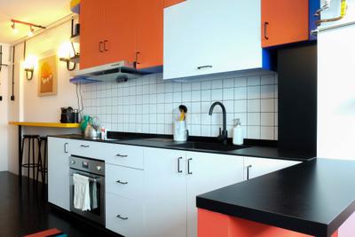 Simei Street (Block 133), Fifth Avenue Interior, , Kitchen, , Colours, Colourful, Orange Cabinet, Orange, Colourful Kitchen, Colourful Cabinet, Subway Tiles, Kitchen Cabinets, Black Countertop, Kitchen Sink, Oven, Exhaust Hood, Indoors, Interior Design, Room, Appliance, Electrical Device