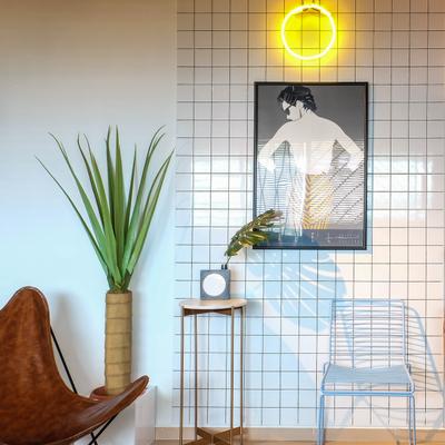 Simei Street (Block 133), Fifth Avenue Interior, Eclectic, Living Room, HDB, Subway Tiles, White Subway Tiles, White Tiles, Human, People, Person, Suede, Flora, Jar, Plant, Potted Plant, Pottery, Vase