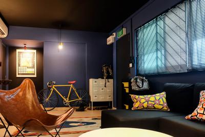 Simei Street (Block 133), Fifth Avenue Interior, Eclectic, Living Room, HDB, Blue Wall, Dark Walls, Dark Colours, Colourful, Couch, Furniture, Bicycle, Bike, Transportation, Vehicle, Indoors, Interior Design