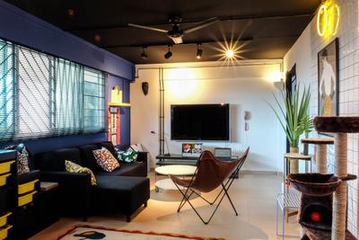 Simei Street (Block 133), Fifth Avenue Interior, , Living Room, , Storage, Colours, Storage Space, Mini Ceiling Fan, Quirky, Fun, Cushions, L Shaped Sofa, Colourful, Black Sofa, Round Coffee Table, Sectional Sofa, Fabric Sofa, Flora, Jar, Plant, Potted Plant, Pottery, Vase, Couch, Furniture, Chair