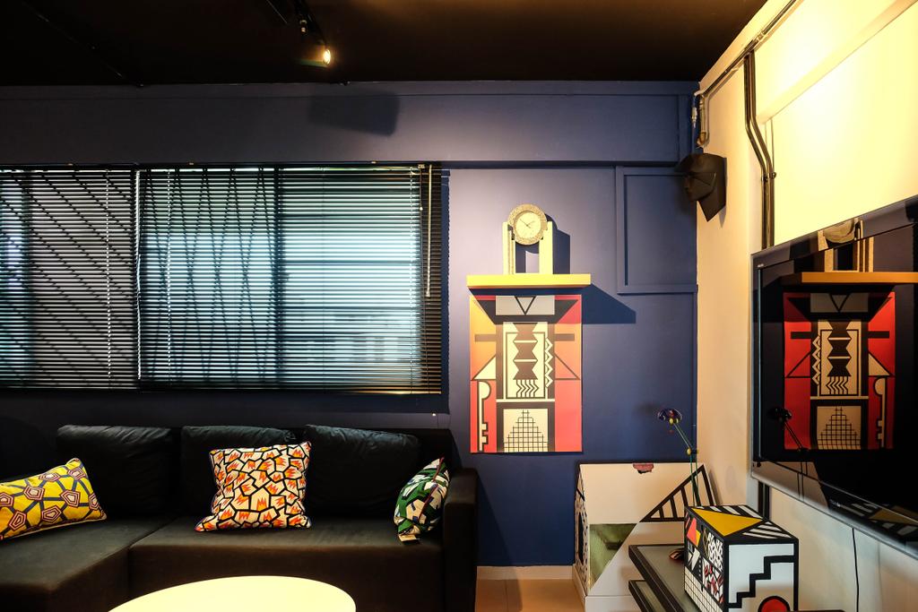 Eclectic, HDB, Living Room, Simei Street (Block 133), Interior Designer, Fifth Avenue Interior, Pop Art, Loud, Loud Colours, Colourful, Patterns, Black Sofa, Cushions, Blinds, Clock, Retro, Painting, Home Decor, Couch, Furniture, Wallet, Restaurant