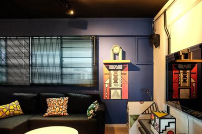Simei Street (Block 133), Fifth Avenue Interior, , Living Room, , Pop Art, Loud, Loud Colours, Colourful, Patterns, Black Sofa, Cushions, Blinds, Clock, , Painting, Home Decor, Couch, Furniture, Wallet, Restaurant