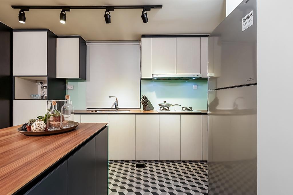 Contemporary, Condo, Kitchen, Clementi, Interior Designer, Icon Interior Design, Kitchen Cabinets, Cabinetry, White Cabinet, Wood Countertop, Kitchen Tiles, Floor Tiles, Patterned Tiles, Geometric Tiles, Track Lighting, Indoors, Interior Design, Room, Projection Screen, Screen, Lighting