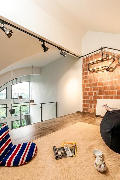 Clementi, Icon Interior Design, Contemporary, Living Room, Condo, Red Brick Wall, Cosy Corner, Track Lighting, Beanbag, Couch, Furniture, Window, Plywood, Wood