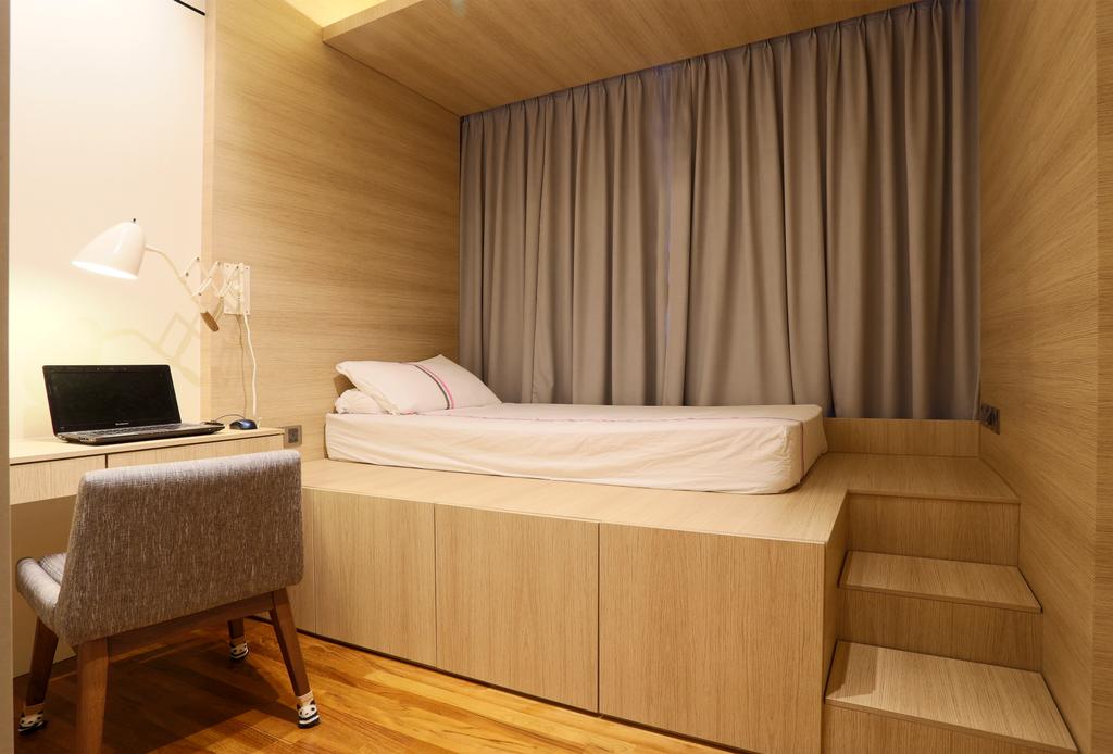 Contemporary, Condo, Bedroom, D'Leedon, Interior Designer, United Team Lifestyle, Platform Bed, Mini Stairs, Stairs, Curtains, Wood, Light Wood, Chairs, Table Lamp, Chair, Furniture, Computer, Electronics, Laptop, Pc