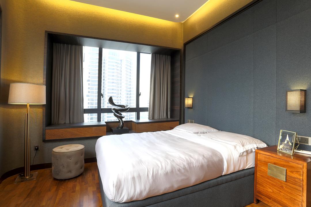 D'Leedon, United Team Lifestyle, Contemporary, Bedroom, Condo, Ottoman, Standing Lamp, Floor Lamp, White Bed, Side Table, Bedside Lamp, Wall Lamps, Grey, Grey Wall, Bed, Furniture, Indoors, Interior Design, Room, Bowl, Lamp, Table Lamp