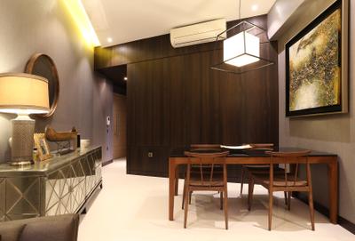 D'Leedon, United Team Lifestyle, Contemporary, Dining Room, Condo, White Kitchen Cabinets, Dark Wood, Walkway, Silver, Silver Cabinet, Dining Table, Furniture, Table, Indoors, Interior Design, Room, Lamp