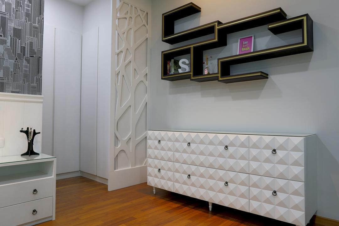 Jalan Gelenggang, United Team Lifestyle, Contemporary, Bedroom, Landed, White Cabinet, Side Cabinet, Side Board, Wall Shelf, Shelf, Shelves, Storage, Partition, Appliance, Electrical Device, Microwave, Oven