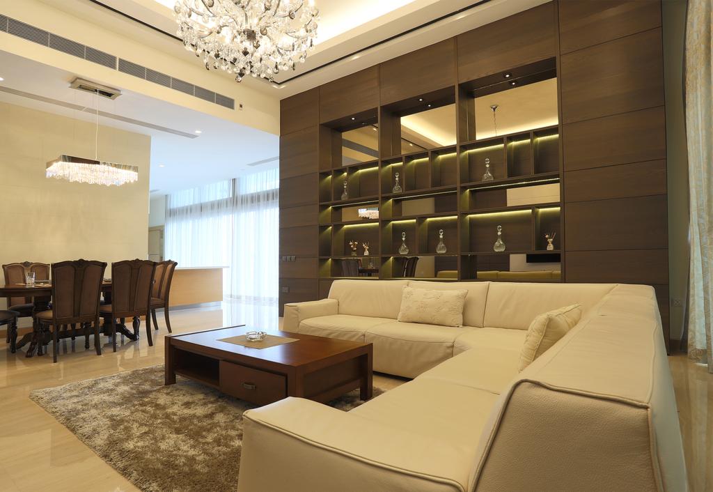 Traditional, Condo, Living Room, Silversea, Interior Designer, United Team Lifestyle, L Shaped Sofa, White Sofa, Fabric Sofa, Brown Coffee Table, Carpet, Chandelier, Shelves, Shelf, Display Shelf, Wood, Dark Wood, Couch, Furniture, Indoors, Interior Design, HDB, Building, Housing, Loft, Dining Table, Table