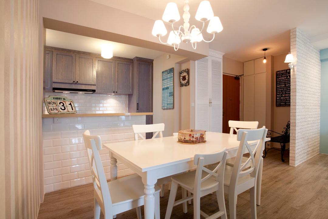Sengkang Way (Block 451B), United Team Lifestyle, Minimalist, Dining Room, HDB, Victorian, English, French, White Furniture, White Table And Chairs, Chandelier, Subway Tiles, Indoors, Interior Design, Room, Dining Table, Furniture, Table, Chair