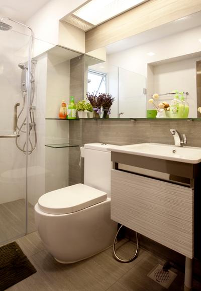 Toa Payoh (Block 62), United Team Lifestyle, Contemporary, Bathroom, HDB, Water Closet, Toilet Bowl, Bathroom Vanity, Sink, Bathroom Sink, Mirror, Bathroom Shelf, Flora, Jar, Plant, Potted Plant, Pottery, Vase, Toilet, Indoors, Interior Design, Room