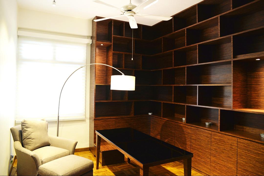 237 Arcadia Road, Singapore Carpentry, Contemporary, Study, Condo, Lounge Chair, Arc Lamp, Black Table, Floor Lamp, Standing Lamp, White Lounge Chair, Shelf, Big Shelf, Storage Space, Wood Grain, Ceiling Fan, Blinds, Roller Blinds