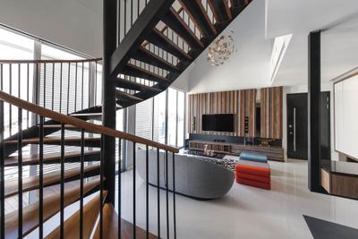 The Nclave, Prozfile Design, Contemporary, Living Room, Condo, Stairs, Staircase, Handrails, White, Lighting, Pendant Light, Hanging Light, Tv Console, Stools, Chair, Black, Columns, Wood Laminate, Wood, Laminates, Full Length Window, Electronics, Entertainment Center
