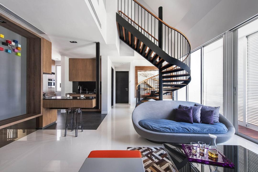 The Nclave, Prozfile Design, Contemporary, Living Room, Condo, Sofa, Cushions, Rug, Brown Coffee Table, Handrails, Table, Stairs, Staircase, Grey, Recessed Wall, Indented Wall, Wood Laminate, Wood, Laminates, Clock, Balcony, White, Couch, Furniture, HDB, Building, Housing, Indoors, Loft, Door, Sliding Door, Chair