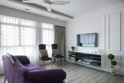 Pasir Ris, M3 Studio, , Living Room, , Tv Console, Floating Console, Open Console, Victorian, English, French, Sofa, Purple Sofa, Velvet Sofa, White, Chairs, Mini Ceiling Fan, White Ceiling, Wall Mounted Tv, Couch, Furniture, Indoors, Room, Chair