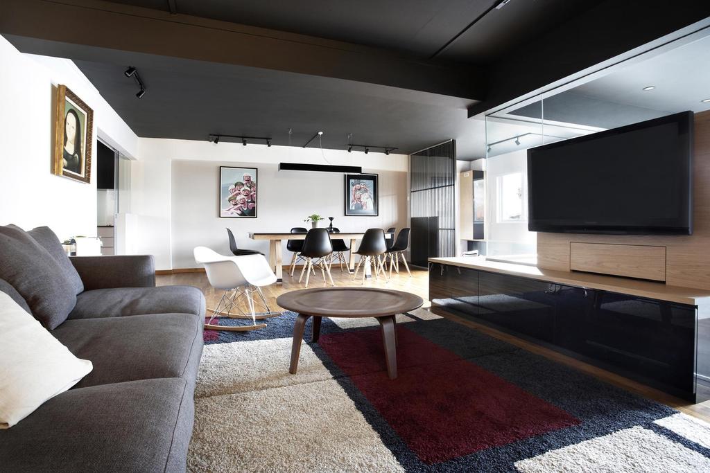 Contemporary, HDB, Living Room, Bishan, Interior Designer, Free Space Intent, Rug, Coffee Table, Wood Laminate, Wood, Laminate, Glass Wall, Tv Console, Black, White, Painting, Rocking Chair, Hanging Light, Lighting, Track Lighting, Couch, Furniture, Indoors, Room, Chair