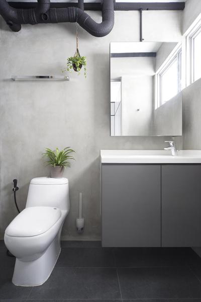 Havelock Road, Free Space Intent, Scandinavian, Bathroom, HDB, Greyscale, Grey, Bathroom Counter, Mirror, Cement Wall, Hanging Plants, Tile, Tiles, Toilet, Indoors, Interior Design, Room, Flora, Jar, Plant, Potted Plant, Pottery, Vase