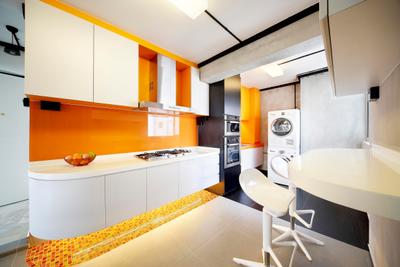 Havelock Road, Free Space Intent, , Kitchen, , White, Orange, Kitchen Countertop, Exhaust Hood, Table, Chair, Mosaic, Mosaic Tiles, Laundry Room, Tile, Tiles, Cement Wall, Screed Wall, Lighting, Furniture, Indoors, Interior Design