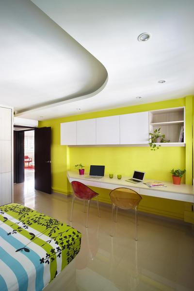 Hoy Fatt (Alexandra), Free Space Intent, Eclectic, Bedroom, HDB, White Marble Floor, Chair, Yellow, Bright, False Ceiling, Shelf, Shelves, White Kitchen Cabinets, Study Table, Table, Mounted, Colourful, Indoors, Interior Design, Dining Table, Furniture, Dining Room, Room