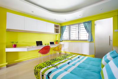 Hoy Fatt (Alexandra), Free Space Intent, Eclectic, Bedroom, HDB, Green, Chair, Colourful, False Ceiling, Table, Study Table, Wall Mounted Table, Frosted Glass, Glass Door, Doors, White Marble Floor, White Kitchen Cabinets, Shelf, Shelves, Indoors, Room
