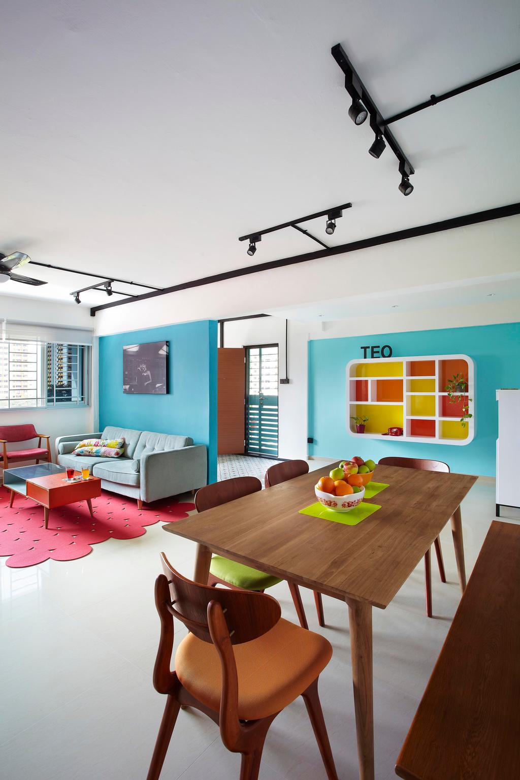 Eclectic, HDB, Dining Room, Hoy Fatt (Alexandra), Interior Designer, Free Space Intent, Dining Table, Table, Chair, Bench, Wood Laminate, Wood, Laminate, Blue, Sofa, Display Unit, Shelf, Shelves, Colorful, Yellow, Orange, Red, Coffee Table, Track Lighting, Rug, Painting, White, Couch, Furniture, Indoors, Interior Design, Room, Living Room, Bowl