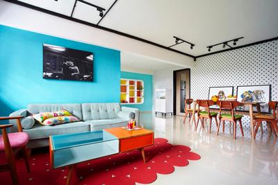 Hoy Fatt (Alexandra), Free Space Intent, Eclectic, Living Room, HDB, Blue, Sofa, Quilted, Brown Coffee Table, Table, Glass Table Top, Rug, Red, Painting, White Marble Floor, Track Lighting, Chair, Polka Dots, White, Furniture, Couch, Dining Room, Indoors, Interior Design, Room, Dining Table