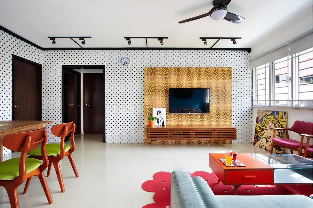 Eclectic, HDB, Living Room, Hoy Fatt (Alexandra), Interior Designer, Free Space Intent, Tv Console, False Wall, Mosaic Tiles, Mosaic, Polka Dots, Track Lighting, Yellow, Red, Rug, Brown Coffee Table, Table, Pop Art, Chair, White, Black, Glass Table Top, Furniture, Indoors, Room