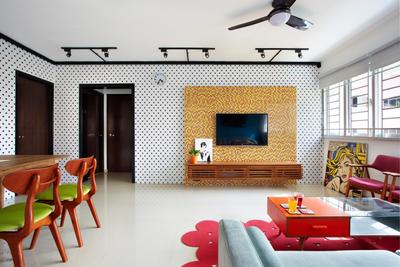 Hoy Fatt (Alexandra), Free Space Intent, , Living Room, , Tv Console, False Wall, Mosaic Tiles, Mosaic, Polka Dots, Track Lighting, Yellow, Red, Rug, Brown Coffee Table, Table, Pop Art, Chair, White, Black, Glass Table Top, Furniture, Indoors, Room