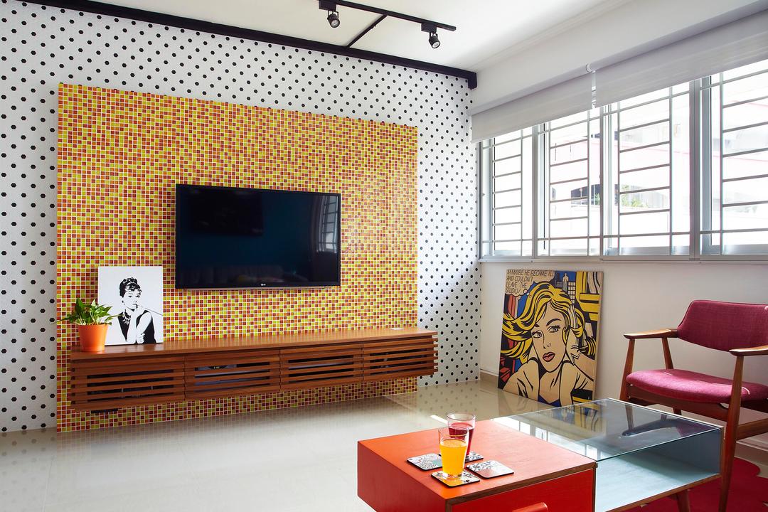 Hoy Fatt (Alexandra), Free Space Intent, Eclectic, Living Room, HDB, Rug, Coffee Table, Table, Chair, Pop Art, Painting, Mosaic, Mosaic Tiles, Tv Console, Polka Dots, Colorful, Track Lighting, Ceiling Fan, White, Red, Yellow, Wood Laminate, Wood, Laminate, Furniture, Indoors, Interior Design, Flora, Jar, Plant, Potted Plant, Pottery, Vase