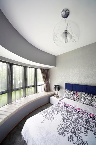 Meadows @ Peirce, Free Space Intent, Contemporary, Bedroom, Condo, Window Seat, Padded, Curtains, Carpet, Carpeted Floor, Grey, Pendant Light, Hanging Light, Lighting, Wallpaper, Lamp, Side Table, Nightstand, Silver, Indoors, Interior Design, Room