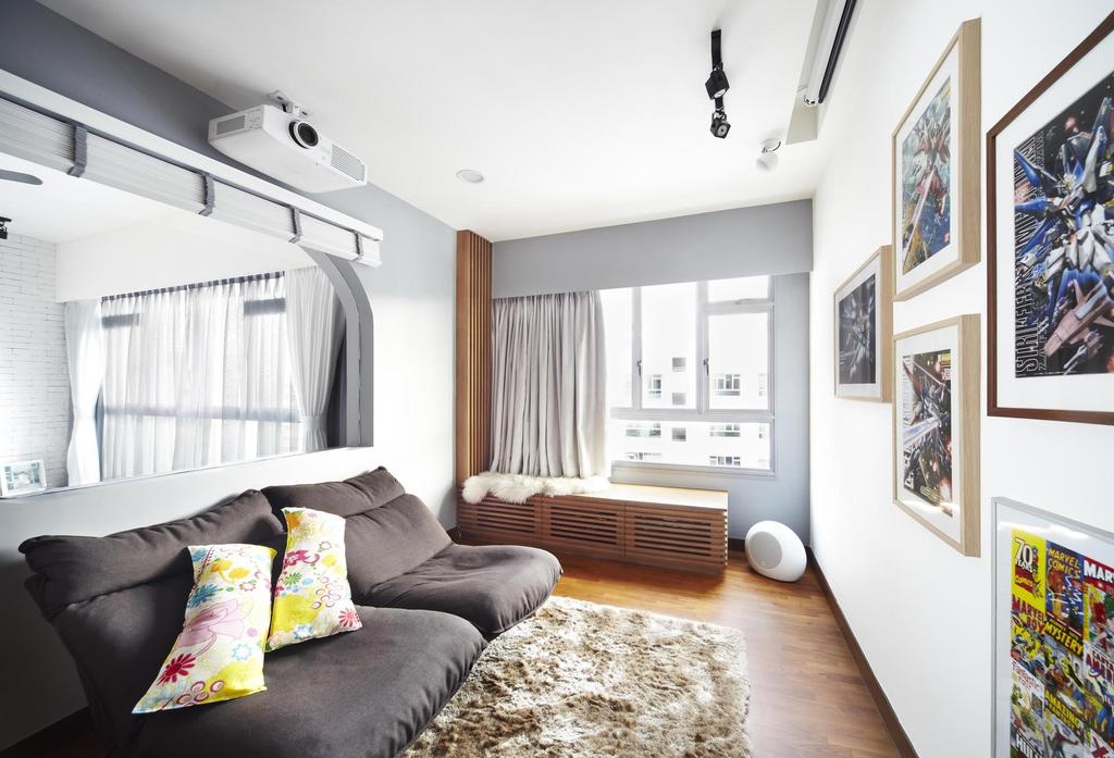 Scandinavian, HDB, Living Room, Punggol Walk, Interior Designer, Free Space Intent, Rug, Sofa, Cushions, Cut Out Wall, Home Theatre, White, Painting, Parquet, Bench, Shoe Rack, Storage, Track Lighting, Curtains, Couch, Furniture, Cushion, Home Decor