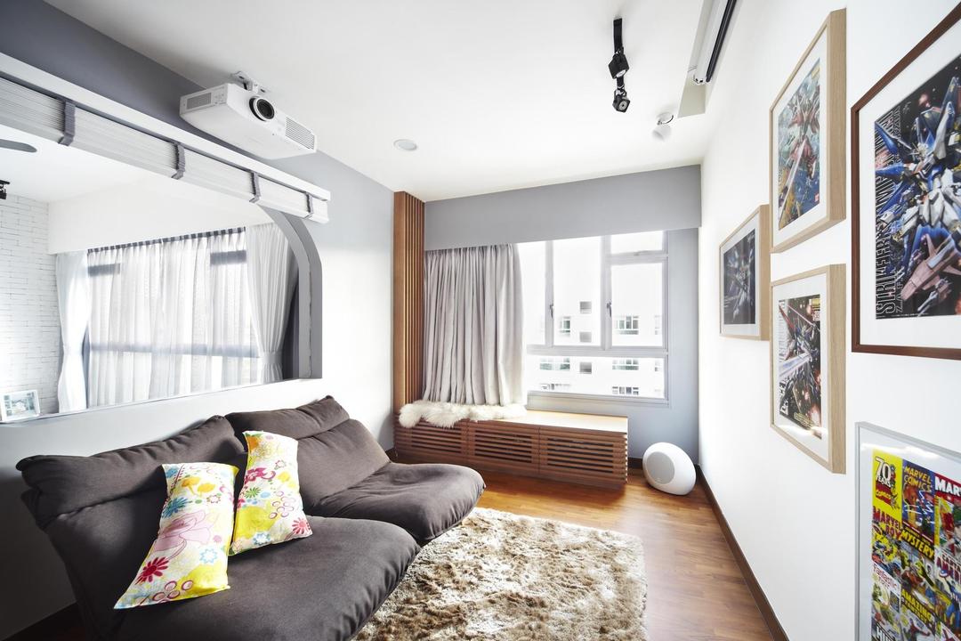 Punggol Walk, Free Space Intent, Scandinavian, Living Room, HDB, Rug, Sofa, Cushions, Cut Out Wall, Home Theatre, White, Painting, Parquet, Bench, Shoe Rack, Storage, Track Lighting, Curtains, Couch, Furniture, Cushion, Home Decor