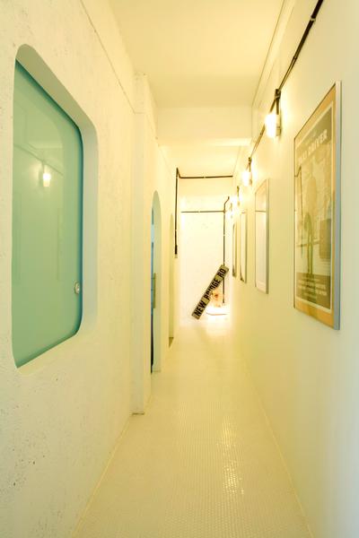 Tiong Bahru, Free Space Intent, Eclectic, Living Room, HDB, White, Corridor, Wall Lamp, Wall Art, Tile, Tiles, Stone Wall, Raw