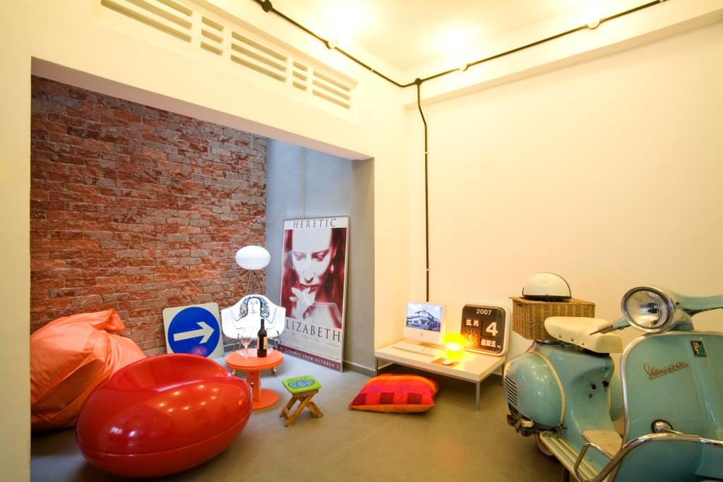 Eclectic, HDB, Study, Tiong Bahru, Interior Designer, Free Space Intent, White, Table, Clock, Red Brick Wall, Raw, Wall Art, Chair, Beanbag, Side Table, Rocking Chair, Grey, Motor Scooter, Motorcycle, Transportation, Vehicle, Vespa