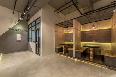 Project Guru Showroom, ProjectGuru, Industrial, Commercial, Partition, Bench, Table, Office, Discussion, Pendant Lamp, Hanging Lamp, Industrial Style Lamp, Cove Lighting, Concealed Lighting, Exposed Piping, Banister, Handrail, Staircase, Flooring, HDB, Building, Housing, Indoors, Loft