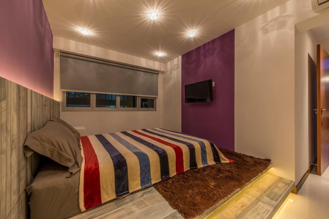 Upper Serangoon Crescent (Block 473B), ProjectGuru, Traditional, Bedroom, HDB, Purple, Purple Wall, Platform, Downlight, Platform Bed, Bed, Furniture, Building, Housing, Indoors, Loft