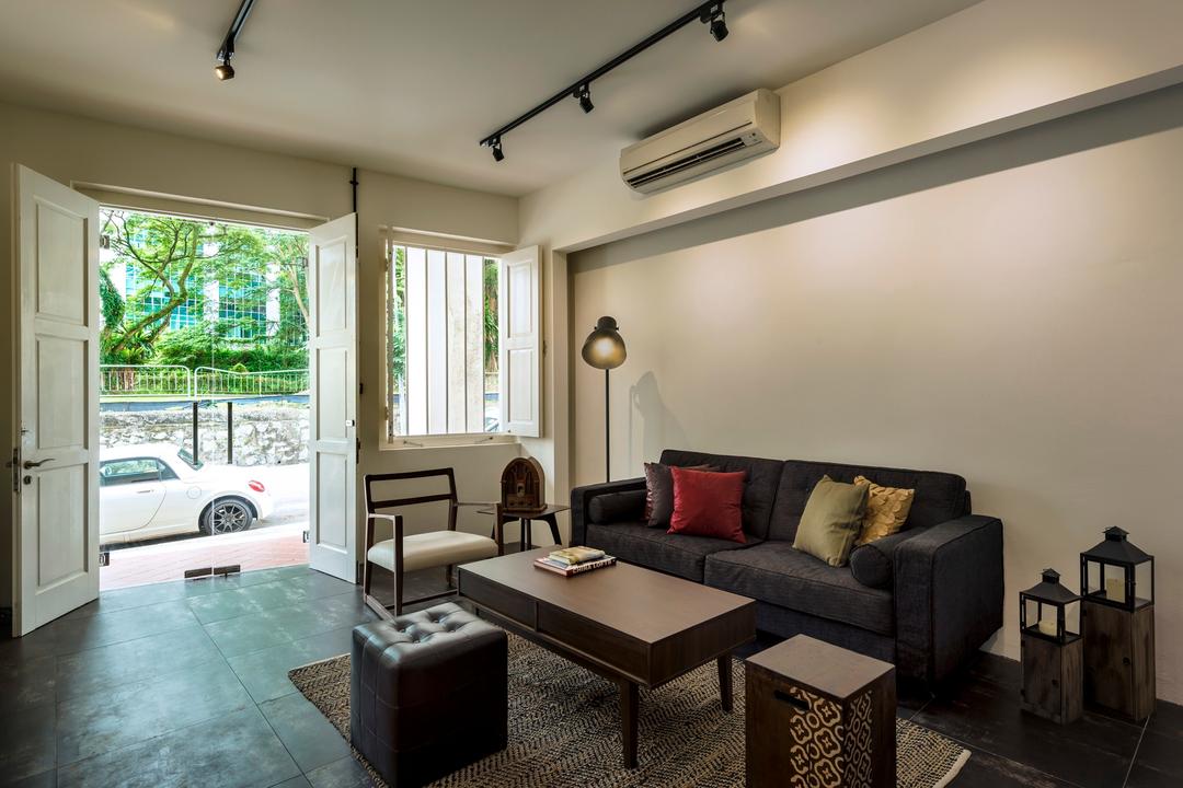 Kim Yam Road (River Valley), Third Avenue Studio, Industrial, Living Room, Commercial, White, Sofa, Standing Lamp, Chair, Cushions, Indented Wall, Recessed Wall, Track Lighting, Doors, Tile, Tiles, Rug, Coffee Table, Foot Rest, Footstools, Couch, Furniture, Indoors, Room, Window
