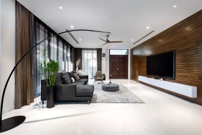 Ramsgate Road (Mountbatten), Third Avenue Studio, Modern, Living Room, Landed, Plank Wall, Wood Laminate, Wood, Laminates, Tv Console, White, Rug, Standing Arc Lamp, Sofa, Plants, Venetian Blinds, Curtains, Full Length Window, Chair, White Marble Floor, Indoors, Interior Design