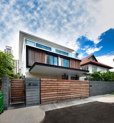 Ramsgate Road (Mountbatten), Third Avenue Studio, Modern, Landed, Exterior, Outdoor, Gate, Wood Laminate, Wood, Laminates, Awning, Woodwork, Building, Office Building, Flora, Jar, Plant, Potted Plant, Pottery, Vase