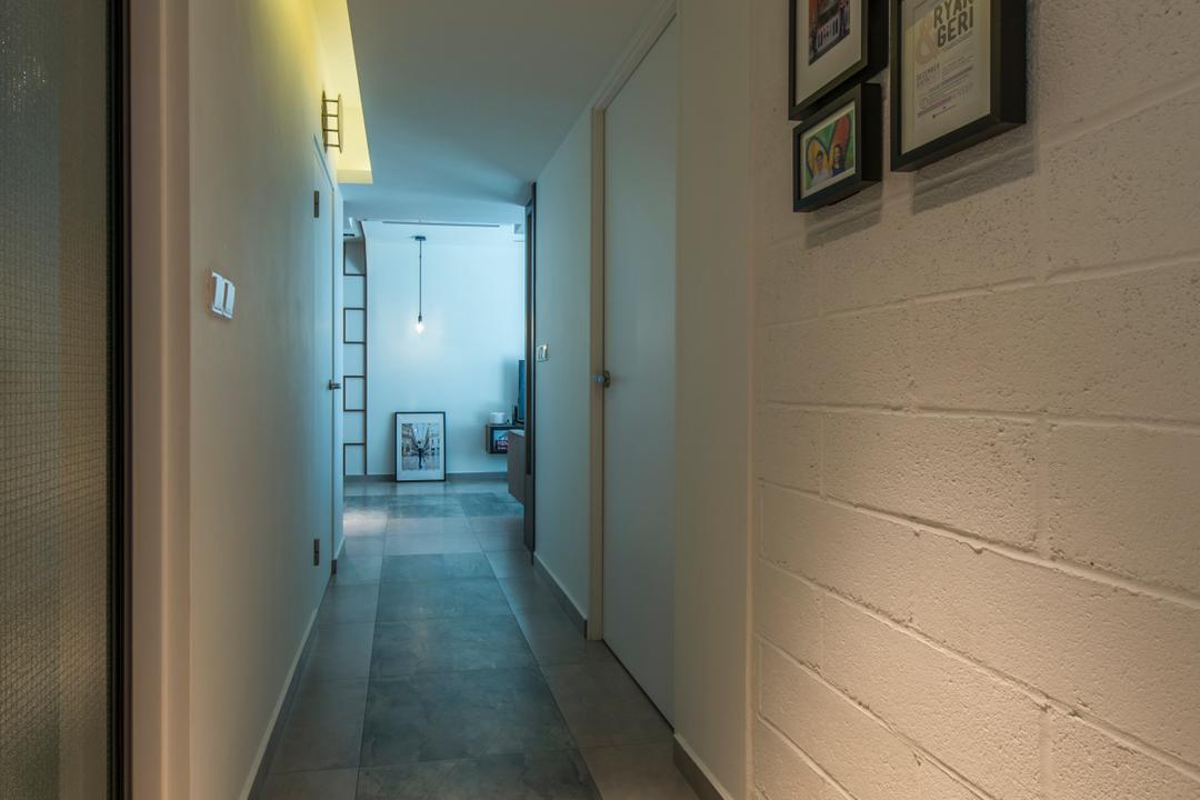 Boon Tiong (Block 10A), Habit, Contemporary, HDB, Hallway, Corridor, Brick Wall, Photo Frames, Tile Texture, Walkway, Flooring