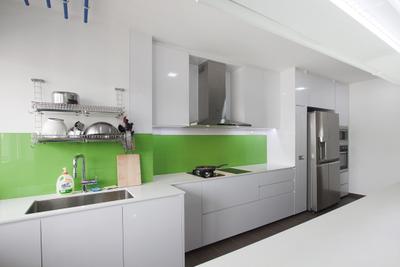 Serangoon North, Space Atelier, , Kitchen, , Exhaust Hood, White Cabinet, Refrigerator, Kitchen Cabinets, Kitchen Sink, Sink, Kitchen Rack, Green Backsplash