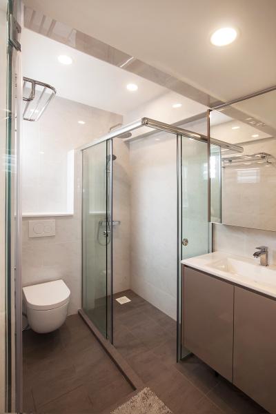 Serangoon North, Space Atelier, Modern, Bathroom, HDB, Toilet Bowl, Water Closet, Shower Door, Bathroom Vanity, Towel Rack, Mirror
