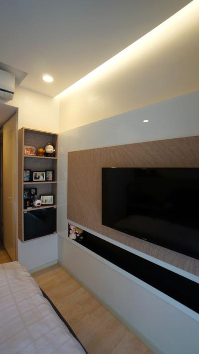 Bartley Residences, Space Atelier, Modern, Bedroom, Condo, Wall Mounted Tv, Tv Feature Wall, Simple Feature Wall, Cove Lighting, Shelf, Feature Wall, Electronics, Monitor, Screen, Tv, Television, Bookcase, Furniture, Fireplace, Hearth