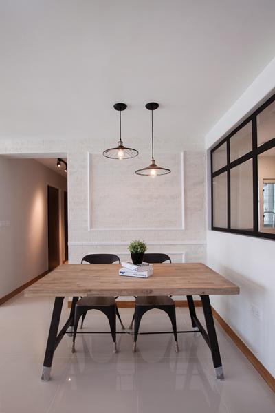 Edgefield Plains (Block 669A), Space Atelier, Scandinavian, Dining Room, HDB, Dining Table, Tolix Chair, Pendant Lamp, Hanging Lamp, Wainscoting, Wallpaper, Simple Wallpaper