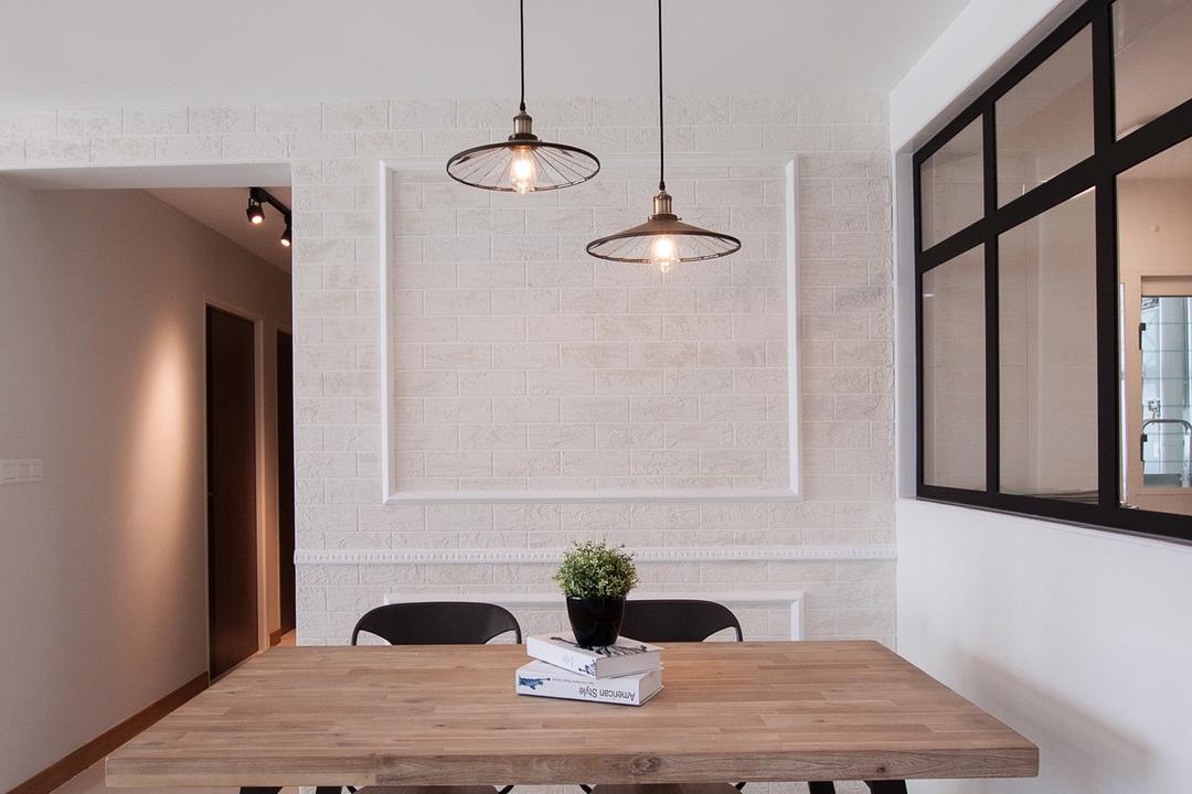 Edgefield Plains (Block 669A), Space Atelier, Scandinavian, Dining Room, HDB, Dining Table, Tolix Chair, Pendant Lamp, Hanging Lamp, Wainscoting, Wallpaper, Simple Wallpaper