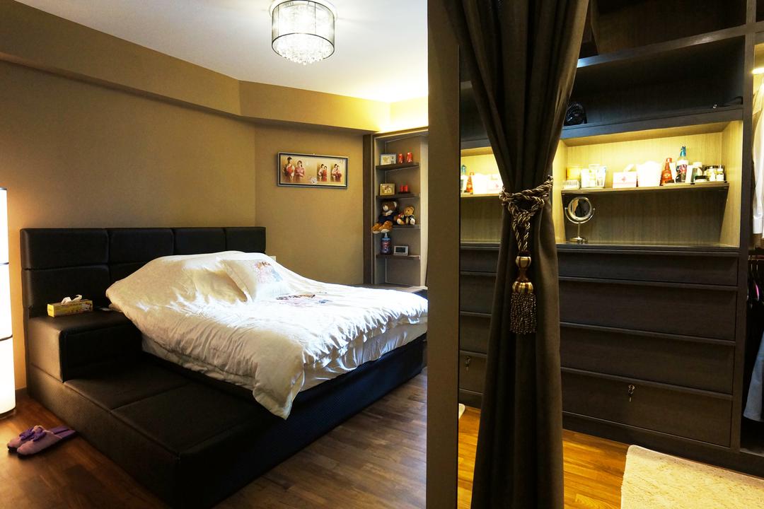 Punggol Walk (Block 310C), Space Atelier, Modern, Bedroom, HDB, Walk In Wardrobe, Dark Colours, Chic, Sleek, Hotel Style, Hotel Feel