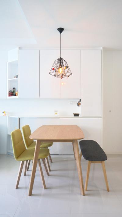 Punggol Walk (Block 310), Space Atelier, Scandinavian, Dining Room, HDB, Dining Table, Pencil Legs, Bench, Yellow Chairs, White Cabinet