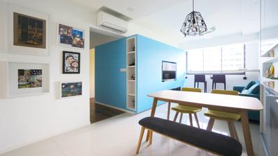 Punggol Walk (Block 310), Space Atelier, , Dining Room, , Dining Table, Dining Chairs, Bench, Cushioned Bench, Pendant Lamp, Hanging Lamp, Caged Lamp, Blue Wall, Bright, Natural Light, Photo Frame, Wall Frames